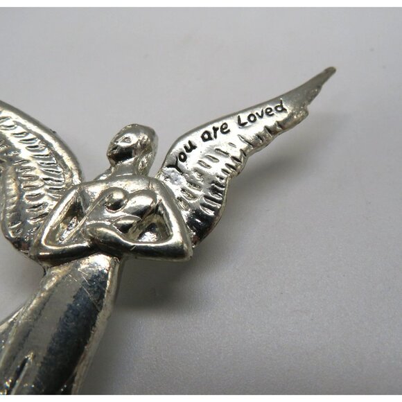 Angel Brooch You Are Loved 2.5" Silver Tone Pin Guardian Heavenly Religious - Picture 3 of 11